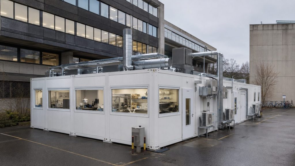 Modulare Laborcontaineranlage auf einem Universitätscampus für Batterieforschung