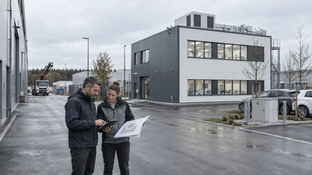 Projektteam prüft eine Gewerbefläche als möglichen Standort für einen modularen Laborcontainer